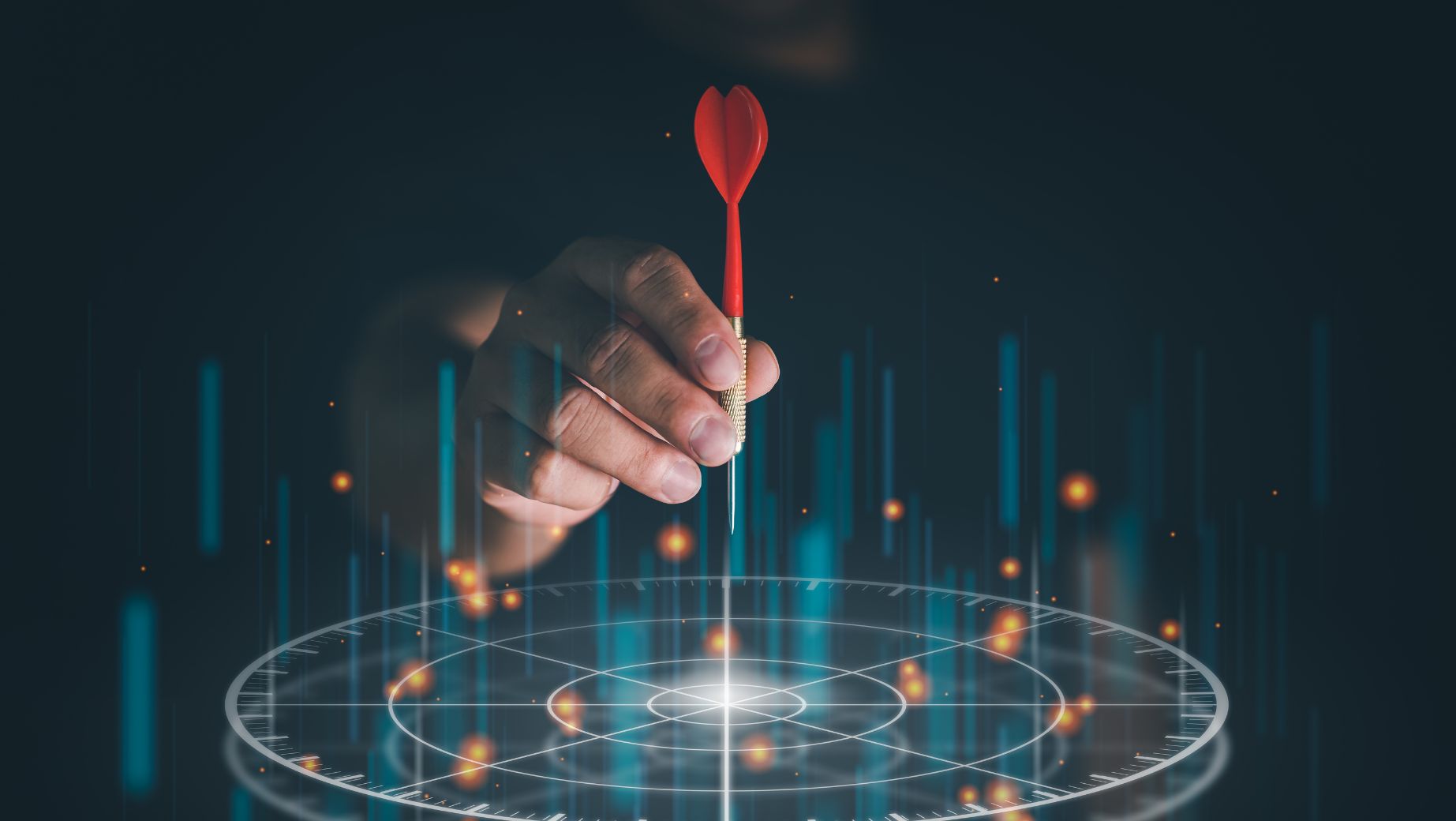 Hand aiming a dart at a target with glowing data visualizations, representing precision and Values-Based Organisational Reporting for better decision-making.