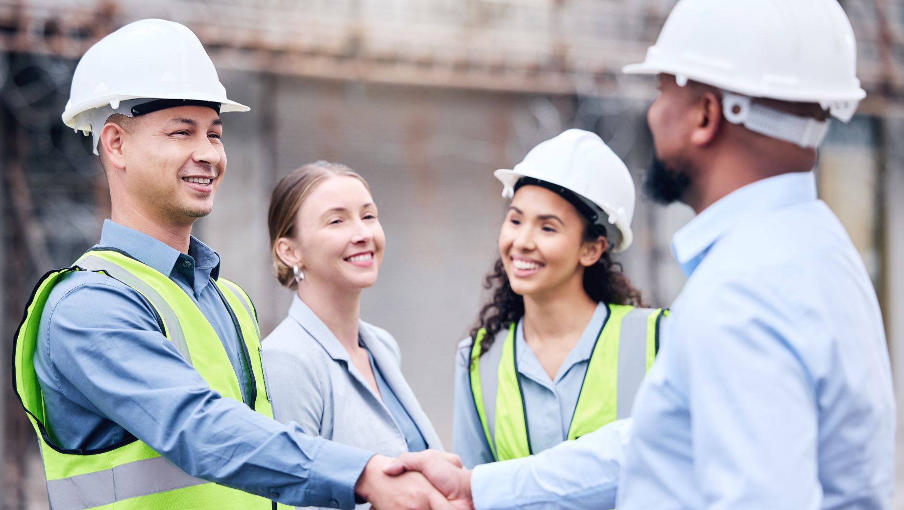 Professionals in safety gear, including helmets and high-visibility vests, shaking hands at a construction site, symbolising successful collaboration and teamwork in hazardous manual handling projects.