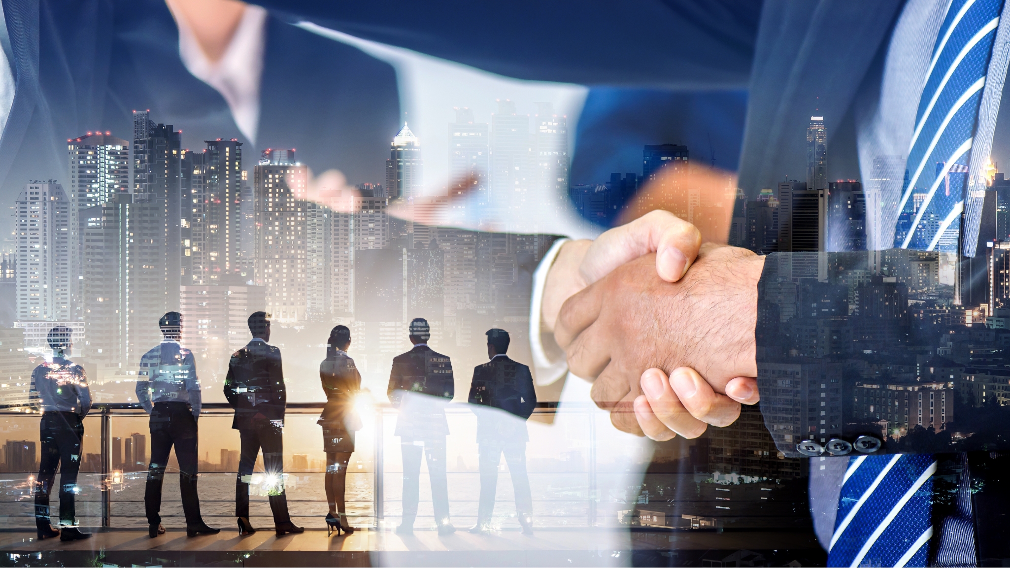 Handshake overlaying a cityscape and team silhouettes, symbolising partnerships with a business advisory firm.