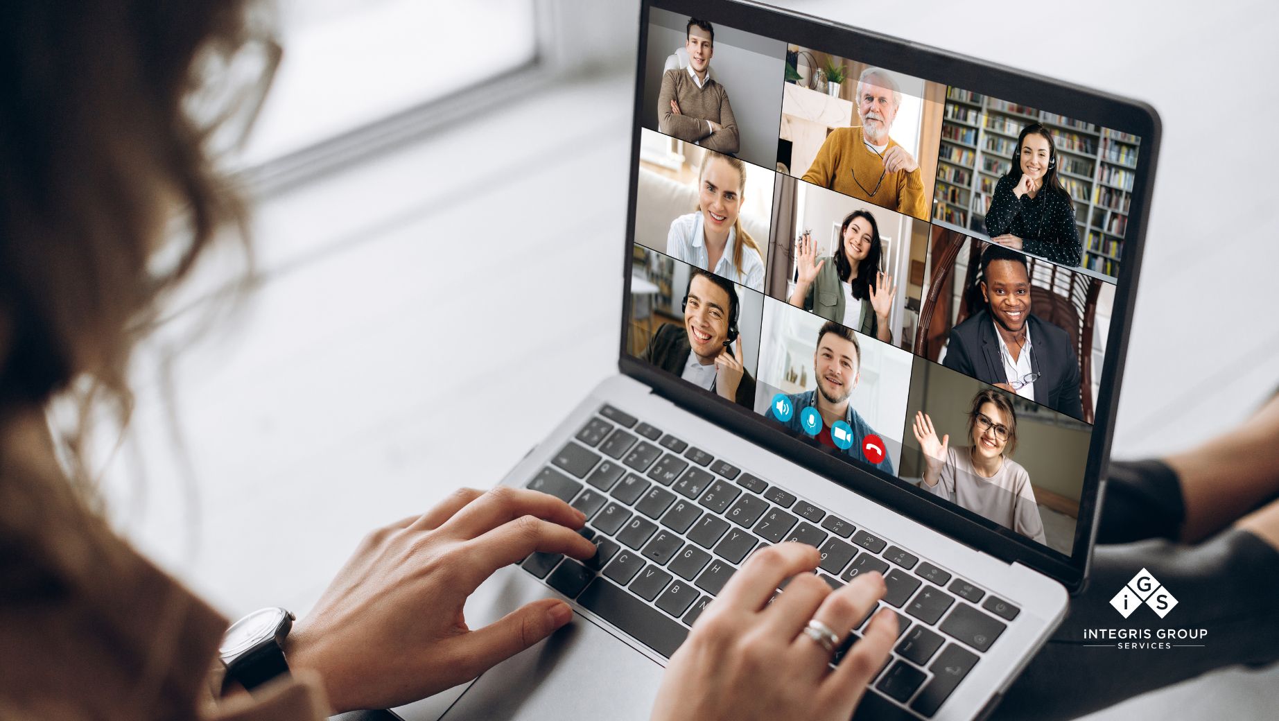 Team collaborating remotely in the modern workplace through a virtual video conference call.