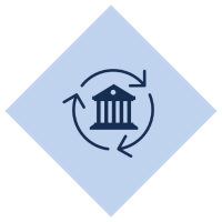 Icon representing governance and sustainable practices, with a building symbol and circular arrows around it.